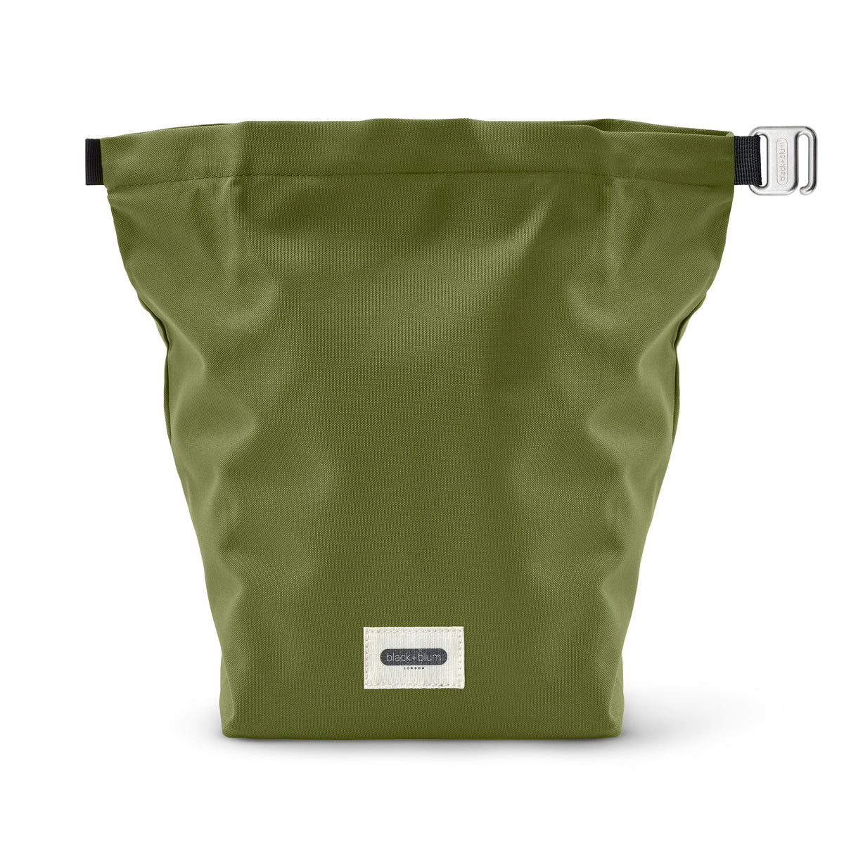 Black+Blum lunchbag, front view with open moss-green interior, 6.7-liter capacity, durable black exterior for lunch transport.
