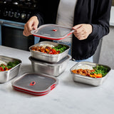 BLACK+BLUM stainless steel multifunction storage jar with a square shape and stacking lid, ideal for kitchen organization