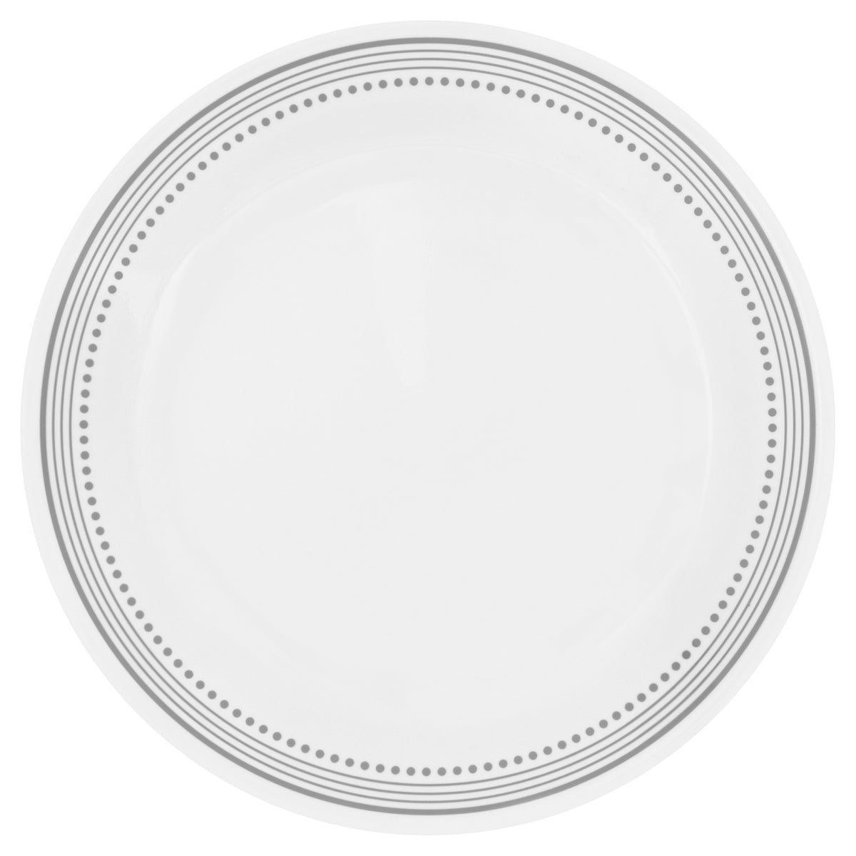 Corelle Mystic Grey dinnerware set featuring white plates with modern grey graphic patterns on ceramic dishes.
