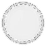 Corelle Mystic Grey dinnerware set featuring white plates with modern grey graphic patterns on ceramic dishes.