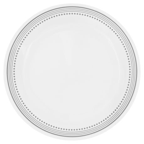 Corelle Mystic Grey dinnerware set featuring white plates with modern grey graphic patterns on ceramic dishes.