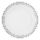 Corelle Mystic Grey dinnerware set featuring white plates with grey graphic patterns, elegant and modern ceramic dishes.