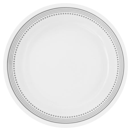 Corelle Mystic Grey dinnerware set featuring white plates with grey graphic patterns, elegant and modern ceramic dishes.