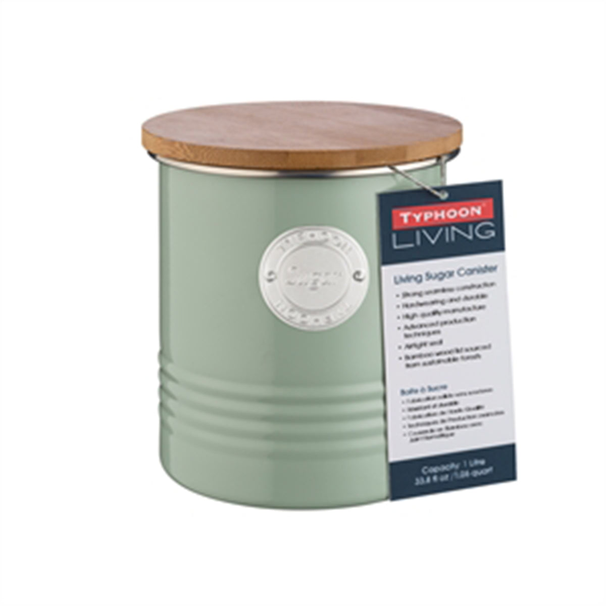 Typhoon Living Collection pastel green 1-liter sugar jar with lid, ceramic storage container for kitchen use.