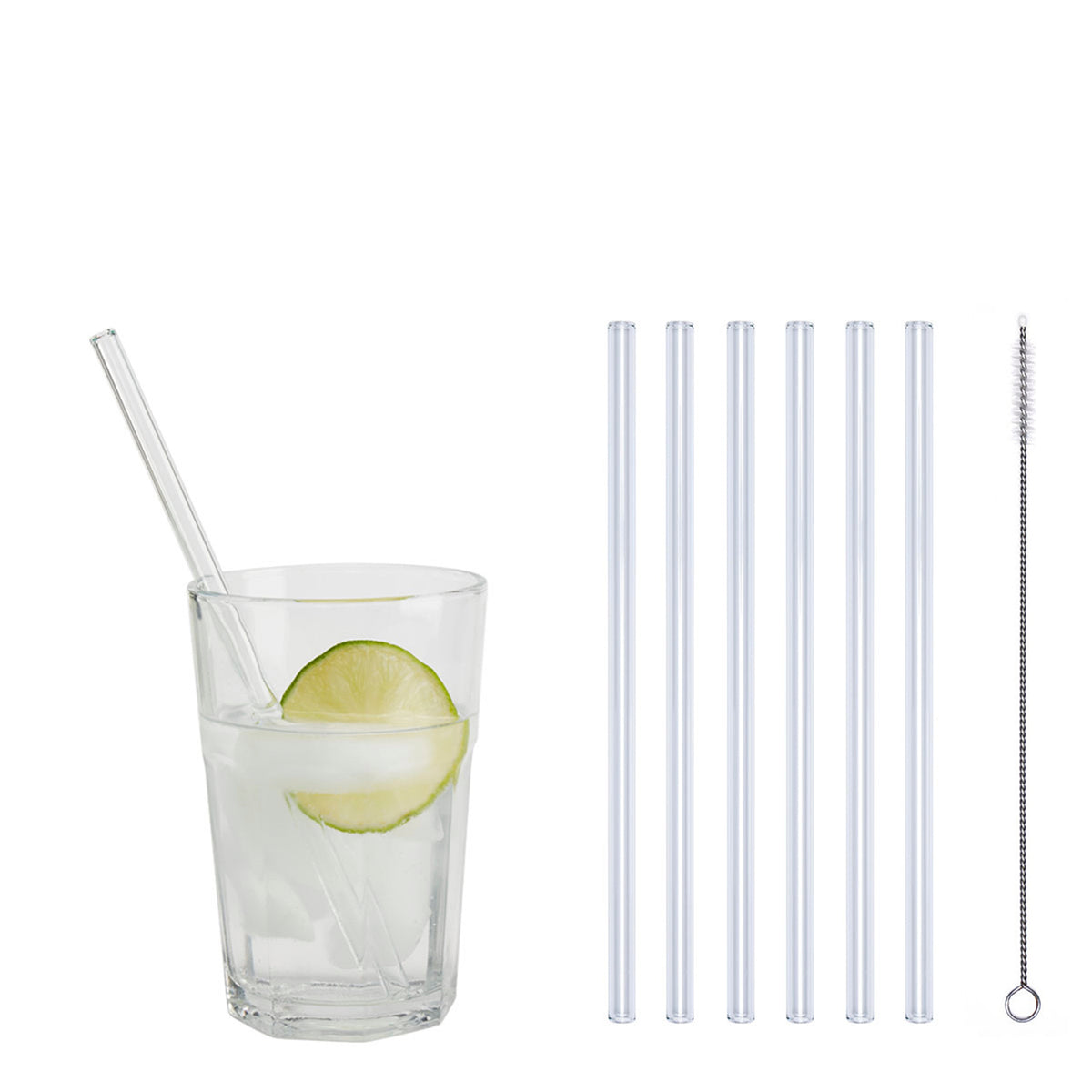 Set of four glass drinking straws in different sizes, clear and reusable, from Profino Select.