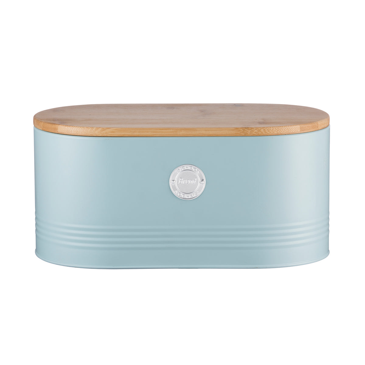 Pastel blue Typhoon Living Collection bread box with 7.5-liter capacity, featuring a sleek, modern design for kitchen storage.