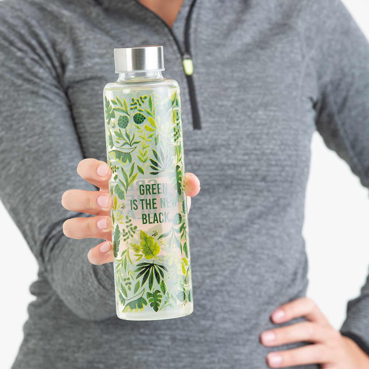 Glass green water bottle from Typhoon, 600 ml PURE GREEN Trinkflasche with a sleek, transparent design and secure lid.