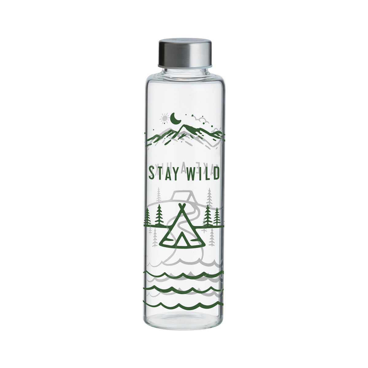 Glass water bottle from Typhoon's PURE Stay Wild collection, 600 ml capacity with a clear design and secure lid.
