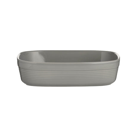 William Mason Mason Cash small rectangular gray baking dish, 1.4L with slight glaze imperfections, ceramic cookware for baking.
