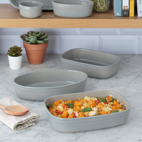 Gray rectangular Mason Cash baking dish, 1.4L capacity with slight glaze imperfections, ideal for oven cooking and serving.