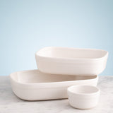 Gray William Mason Cash small rectangular baking dish with 1.4-liter capacity and slight glaze imperfections.