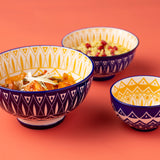 Typhoon Worlds Foods Tunis Schale in three sizes, round ceramic bowls with colorful geometric patterns for serving or decoration.