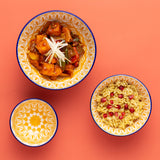 Typhoon Worlds Foods Tunis Schale bowl in three sizes, ceramic with colorful traditional design, displayed on a neutral background.