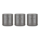 Set of three Price & Kensington ACCENTS storage jars in different colors, featuring clear lids and ceramic construction.