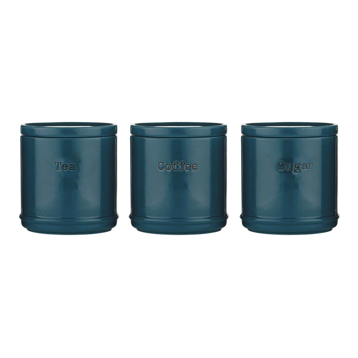Set of three Price & Kensington Vorratsdosen in vibrant colors, ceramic storage jars with lids for kitchen organization.