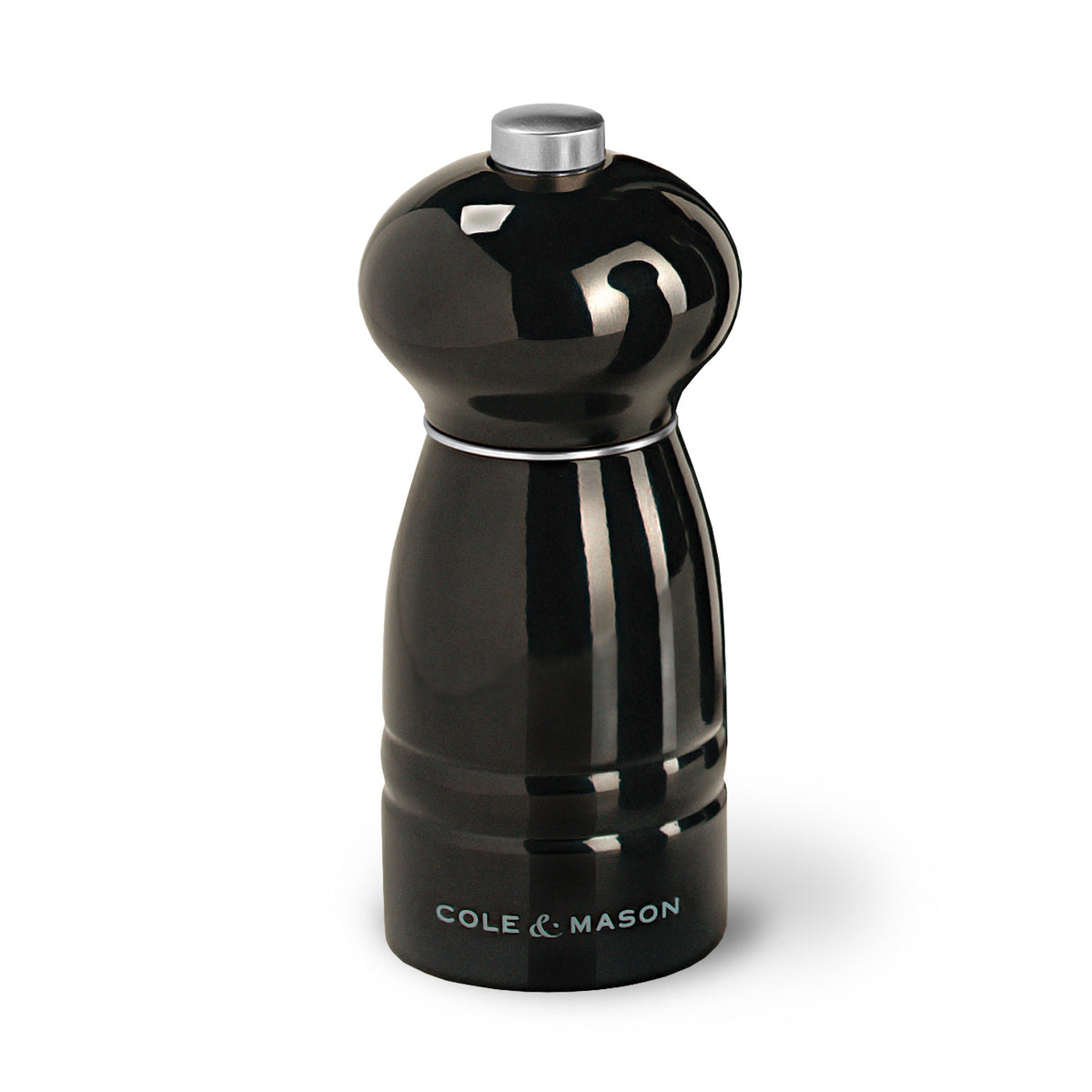Cole & Mason Holz-Mühle WINDSOR salt grinder, 120mm, with rustic wooden design and stainless steel top, displaying freshly ground salt.