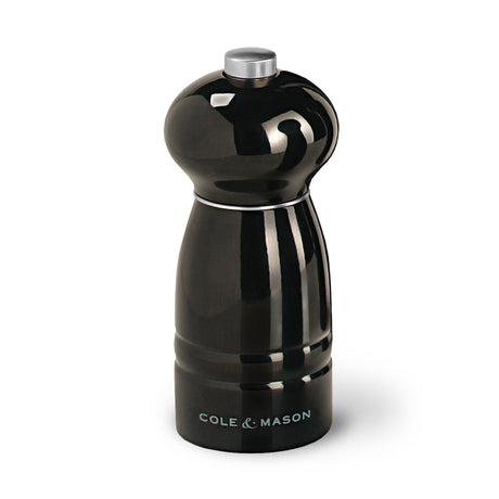 Cole & Mason Holz-Mühle WINDSOR salt grinder, 120mm, with rustic wooden design and stainless steel top, displaying freshly ground salt.