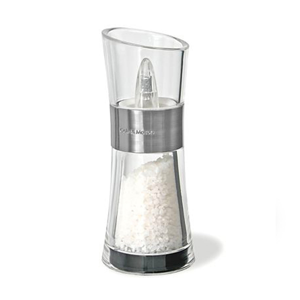 Cole & Mason Komfortmühle INVERTA salt mill with clear acrylic body and black top for easy seasoning.