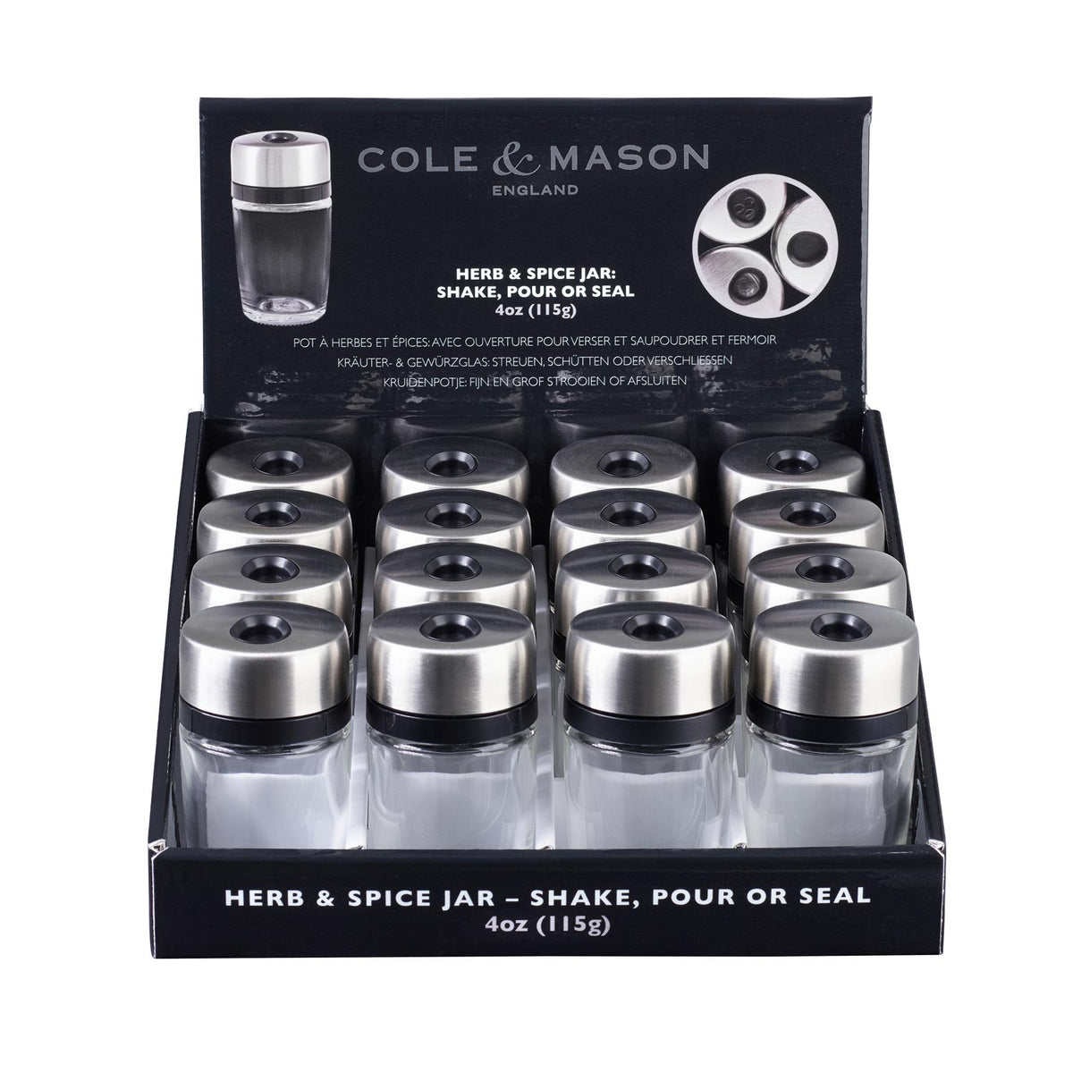 Cole & Mason herb and spice glass shaker with a clear body and stainless steel lid, designed for seasoning herbs and spices.