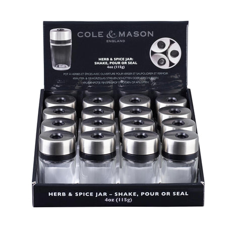 Cole & Mason herb and spice glass shaker with a clear body and stainless steel lid, designed for seasoning herbs and spices.