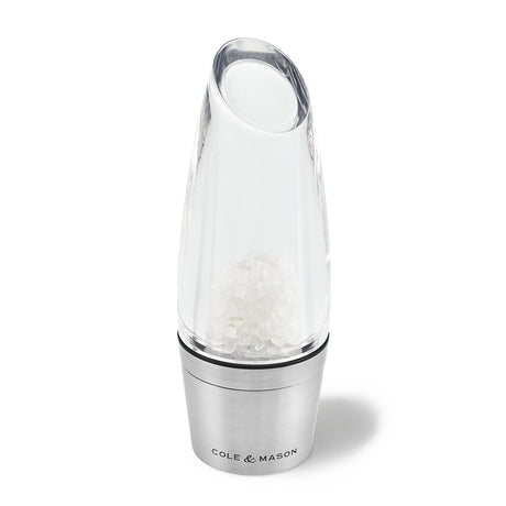 Cole & Mason Acryl-Edelstahl-Mühle MILSTON salt grinder with stainless steel and acrylic finish, showing the textured grinding mechanism.