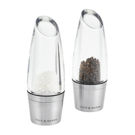 Cole & Mason Acryl-Edelstahl-Mühle MILSTON salt and pepper grinder with clear acrylic body and stainless steel accents.