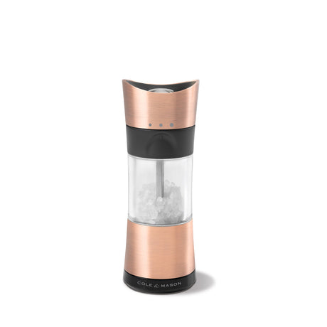Cole & Mason Horsham Kupfer Inverta salt mill, 15.4 cm tall, with a sleek copper finish and modern design.