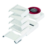 Zyliss 4-in-1 Hobel and Reibe with multiple blades for slicing, grating, and shredding, shown with stainless steel components.