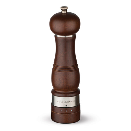 Cole & Mason Holz-Edelstahl Salzmühle with a wooden and stainless steel design, featuring a clear grinding mechanism.