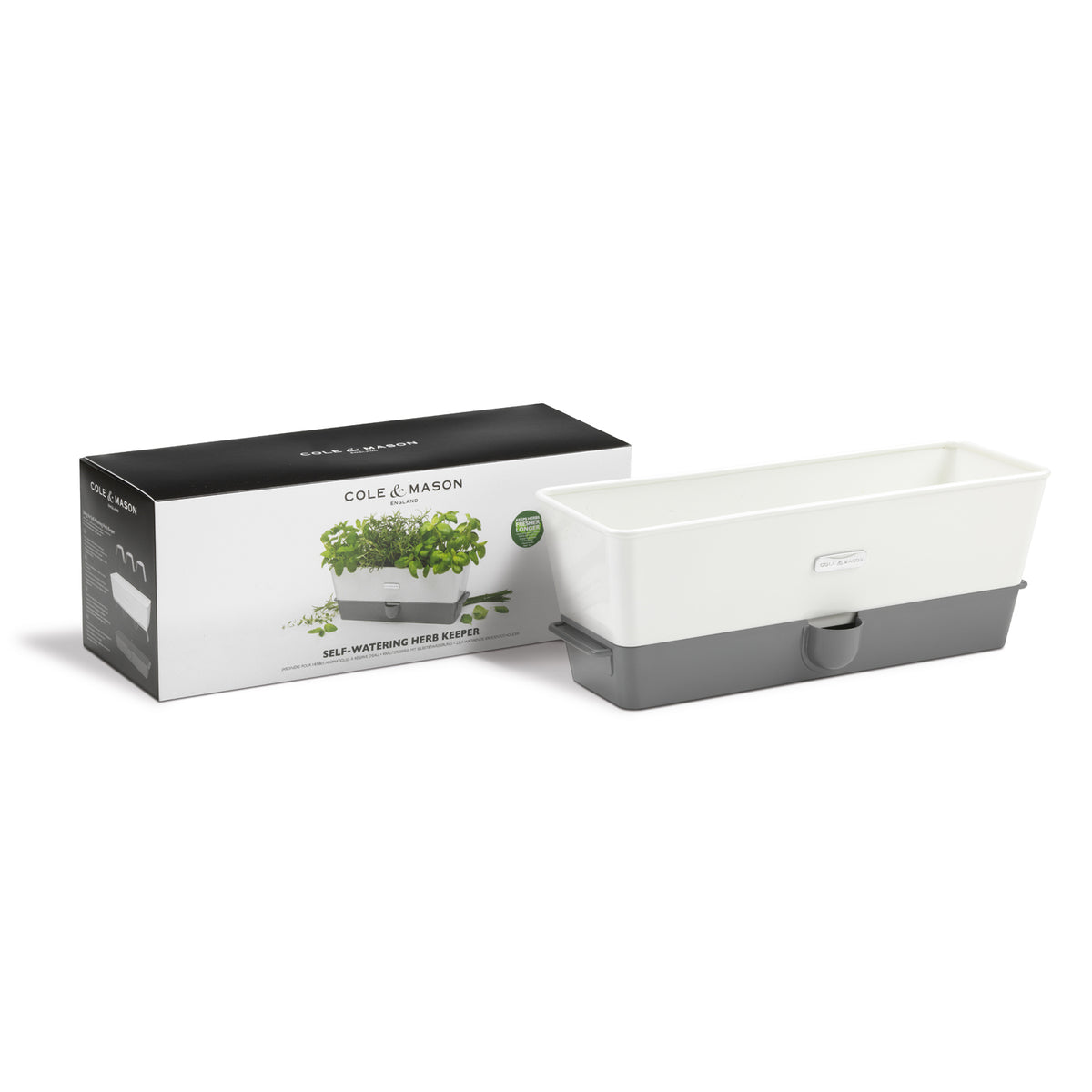 Cole & Mason triple self-watering herb planter pot with drainage system, ideal for indoor herb gardening.