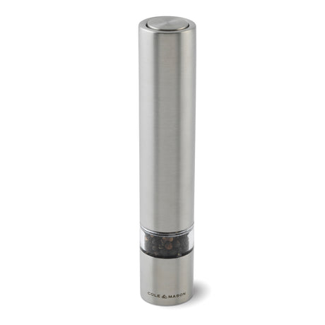Cole & Mason Elektrische Mühle Chiswick with stainless steel finish, showing the adjustable grind mechanism and modern design.