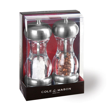 Cole & Mason Acryl-Edelstahl-Mühle SATURN salt and pepper mill gift set, modern acrylic and stainless steel spice grinders.