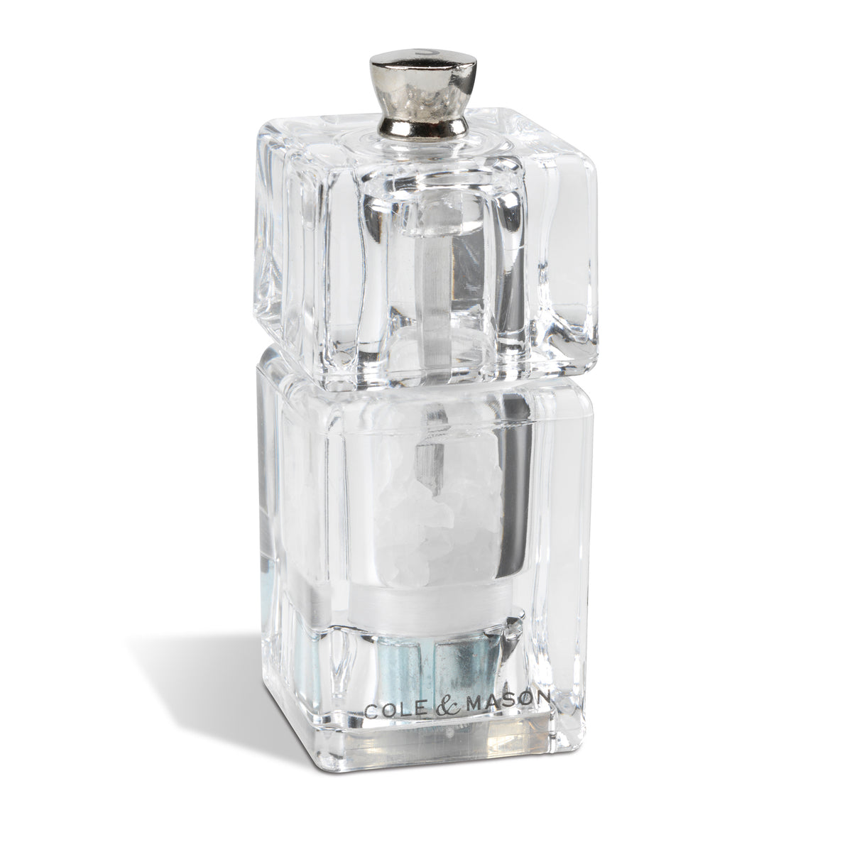 Cole & Mason Acrylmühle MINI CUBE salt grinder with clear acrylic body and adjustable ceramic grinder.