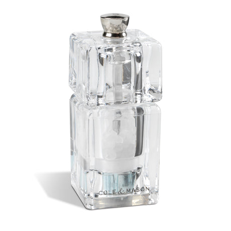 Cole & Mason Acrylmühle MINI CUBE salt grinder with clear acrylic body and adjustable ceramic grinder.
