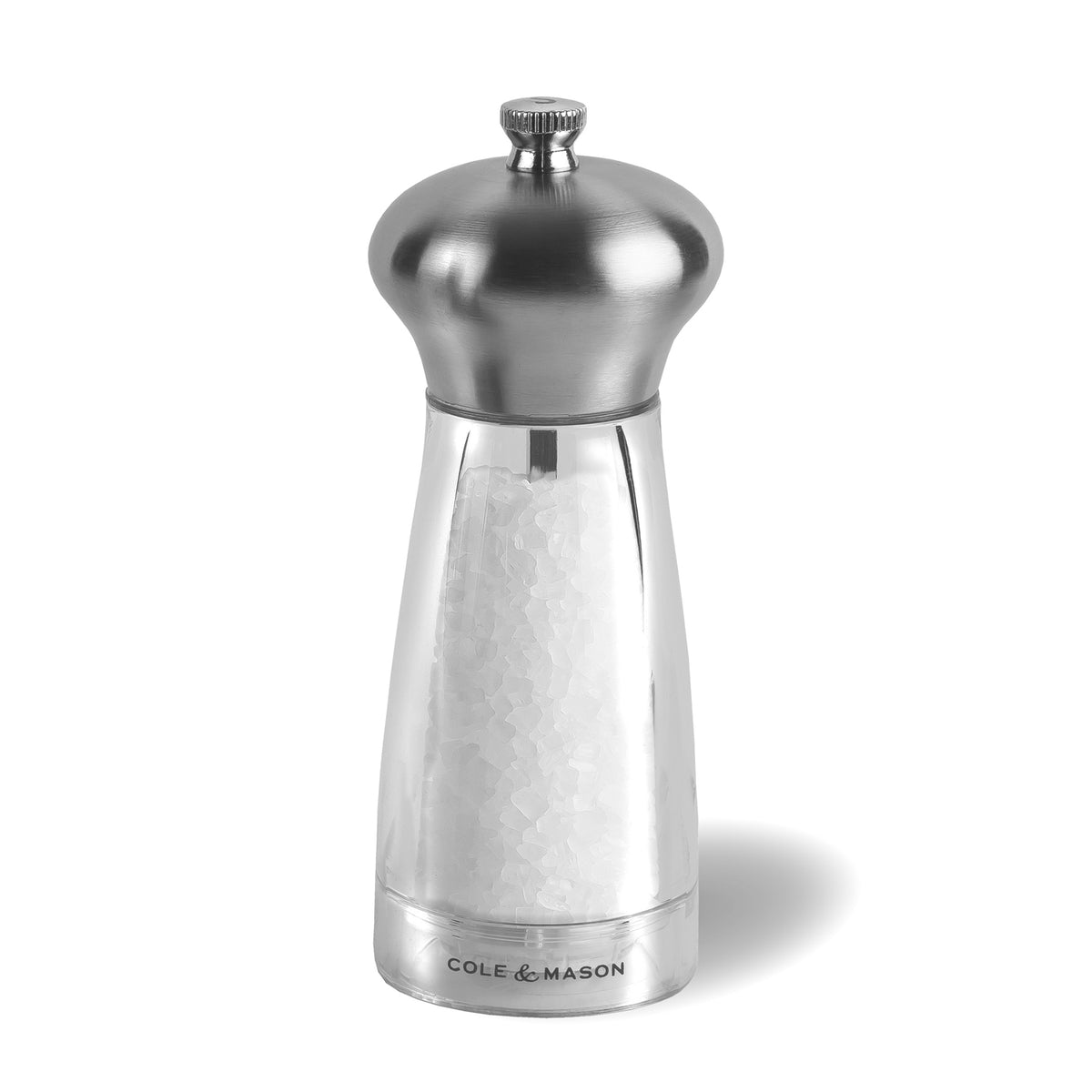 Cole & Mason Acryl-Edelstahl-Mühle EXETER salt grinder with clear acrylic body and stainless steel top, showing the grinding mechanism.