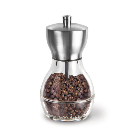 Cole & Mason Acryl-Edelstahl-Mühle CANTERBURRY pepper grinder with acrylic and stainless steel design, showing the grinding mechanism.
