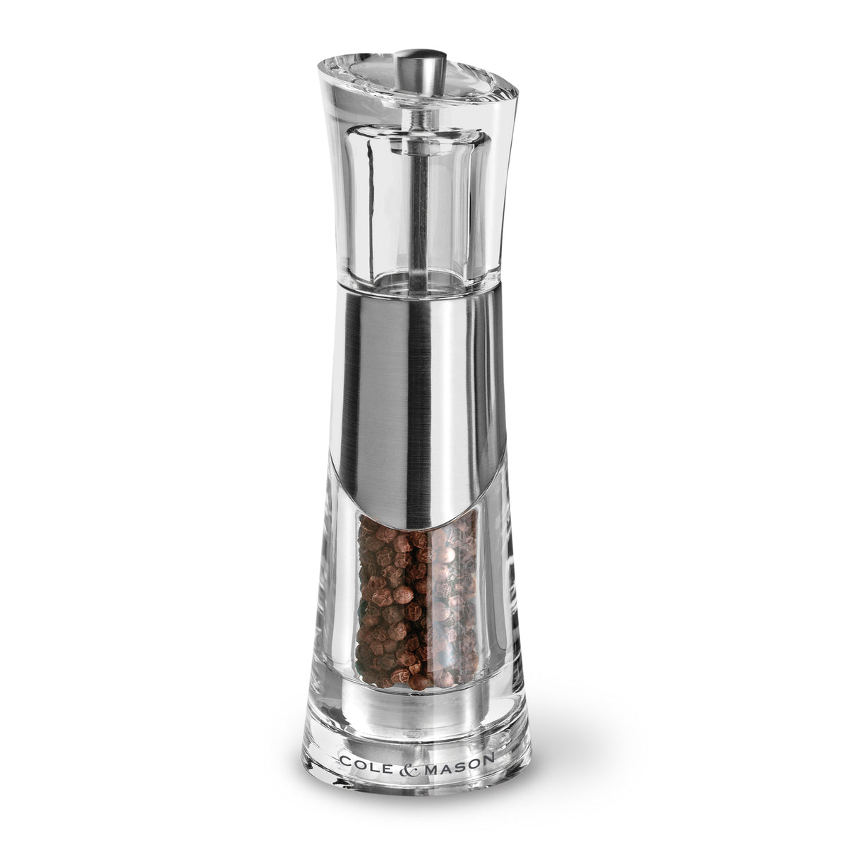 Cole & Mason Acryl-Edelstahl-Mühle BOBBI pepper grinder, 18.5 cm tall, with a sleek acrylic and stainless steel design.