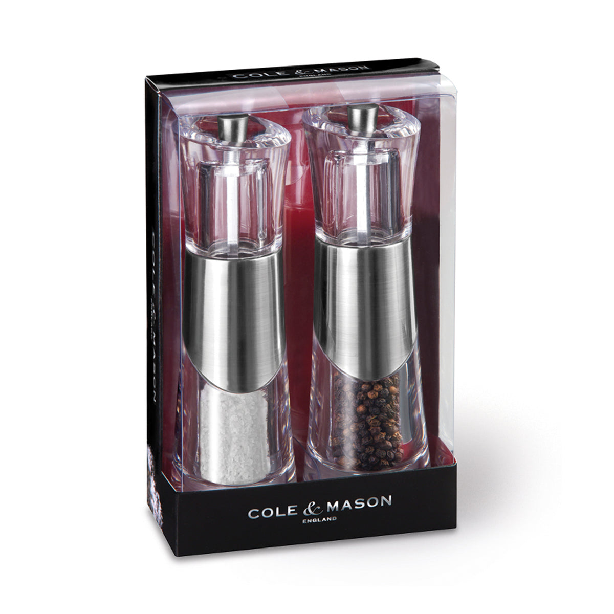 Cole & Mason Acryl-Edelstahl-Mühle BOBBI in Geschenkset, 18.5 cm tall with sleek acrylic and stainless steel design.