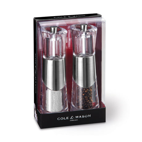 Cole & Mason Acryl-Edelstahl-Mühle BOBBI in Geschenkset, 18.5 cm tall with sleek acrylic and stainless steel design.