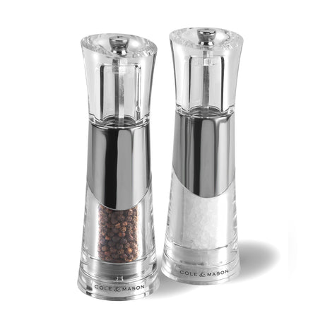 Cole & Mason Acryl-Edelstahl-Mühle BOBBI 18.5cm in gift set, showing sleek acrylic and stainless steel design with adjustable grind.