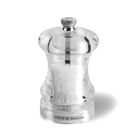 Cole & Mason Acryl-Edelstahl-Mühle CAPSTAN salt grinder, 8.5 cm tall with clear acrylic and stainless steel design.