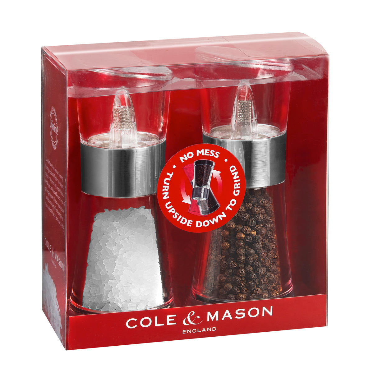Cole & Mason Komfortmühle INVERTA Flip salt and pepper grinder set, 154mm acrylic with chrome accents, showing the grinders' design.