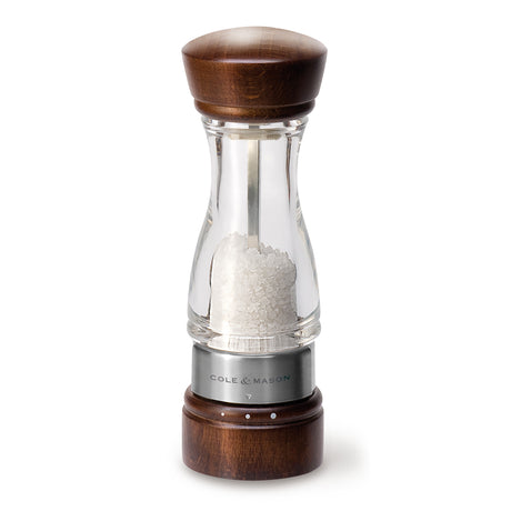 Cole & Mason Manuelle Mühle KESWICK salt grinder with a sleek black and silver design, showing the textured grinding mechanism.