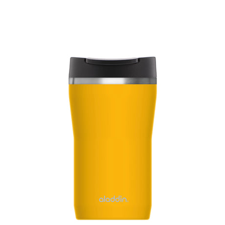 Aladdin Barista Thermobecher in Sonnen-Gelb, shown in three sizes with stainless steel body and insulated lid, for hot or cold drinks.