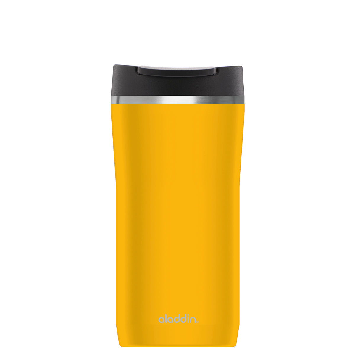Aladdin Barista Thermobecher in Sonnen-Gelb, shown in three sizes with a sleek design and secure lid for hot and cold drinks.