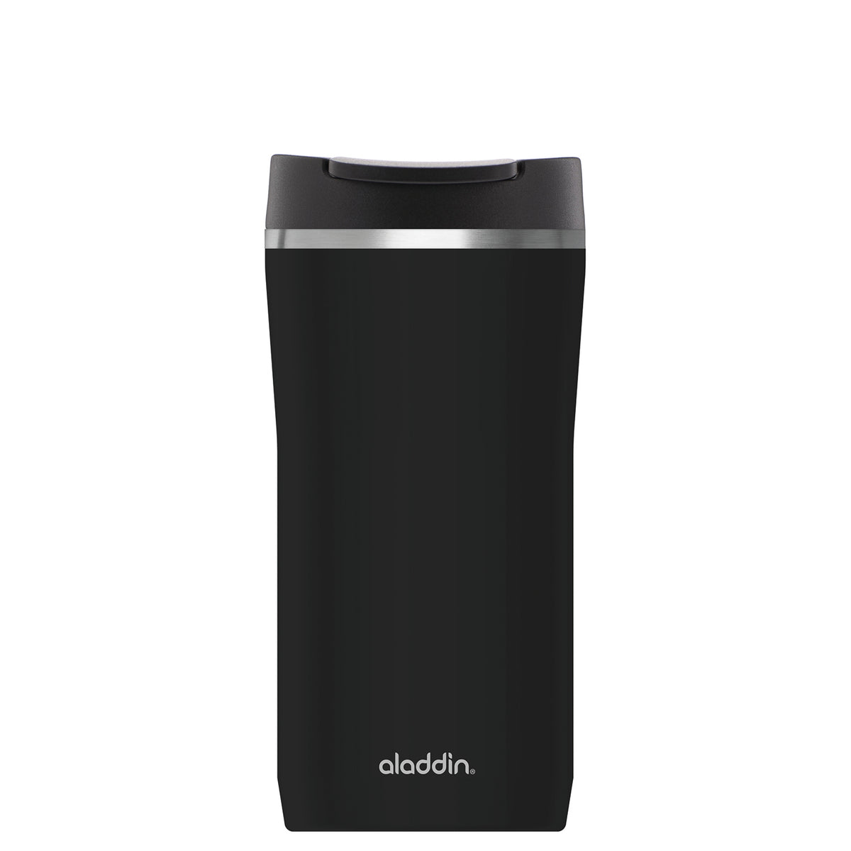 Aladdin Lava-Black Barista Thermobecher in three sizes with sleek design and spill-proof lid, ideal for hot beverages on the go.