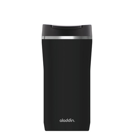 Aladdin Lava-Black Barista Thermobecher in three sizes with sleek design and spill-proof lid, ideal for hot beverages on the go.