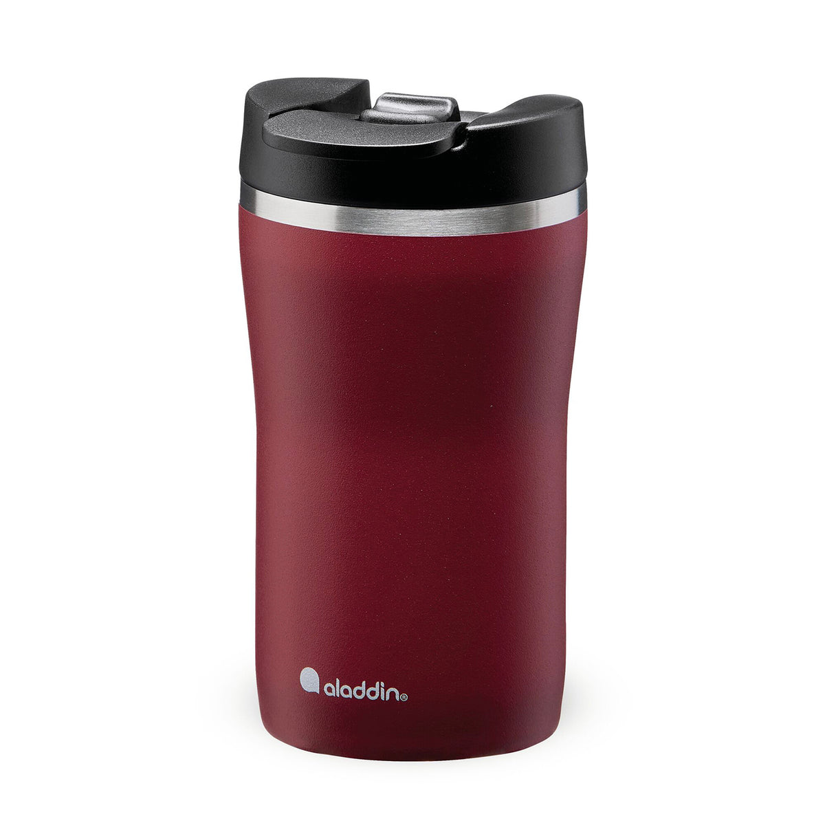 Aladdin Barista Thermobecher in burgundy, available in three sizes, featuring a sleek design and spill-proof lid.