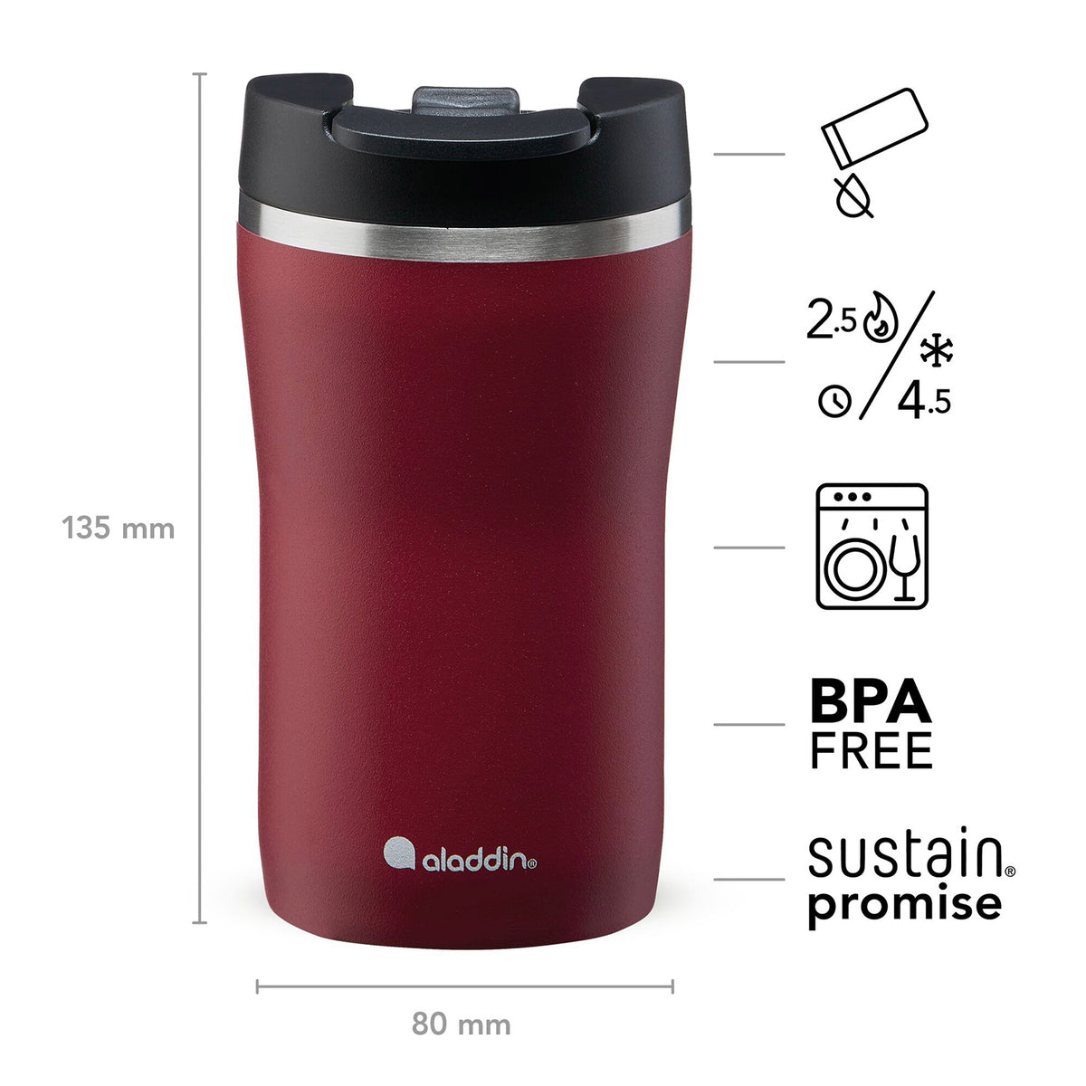 Aladdin Barista thermobecher in burgundy, available in three sizes, featuring a sleek design and insulated stainless steel construction.