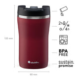 Aladdin Barista thermobecher in burgundy, available in three sizes, featuring a sleek design and insulated stainless steel construction.